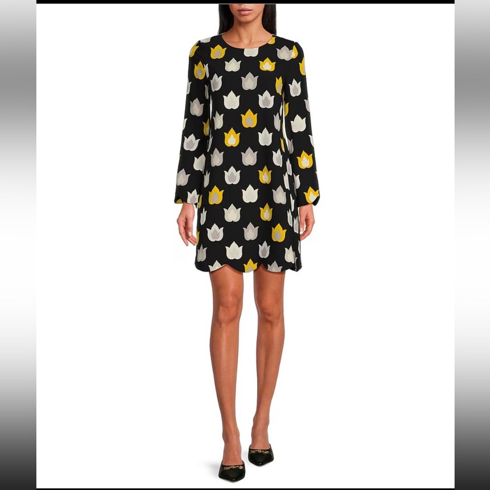 Tara Jarmon Ruoda Crepe Woven Flame Print Scalloped Bell Slv Shift Dress 36 S 1